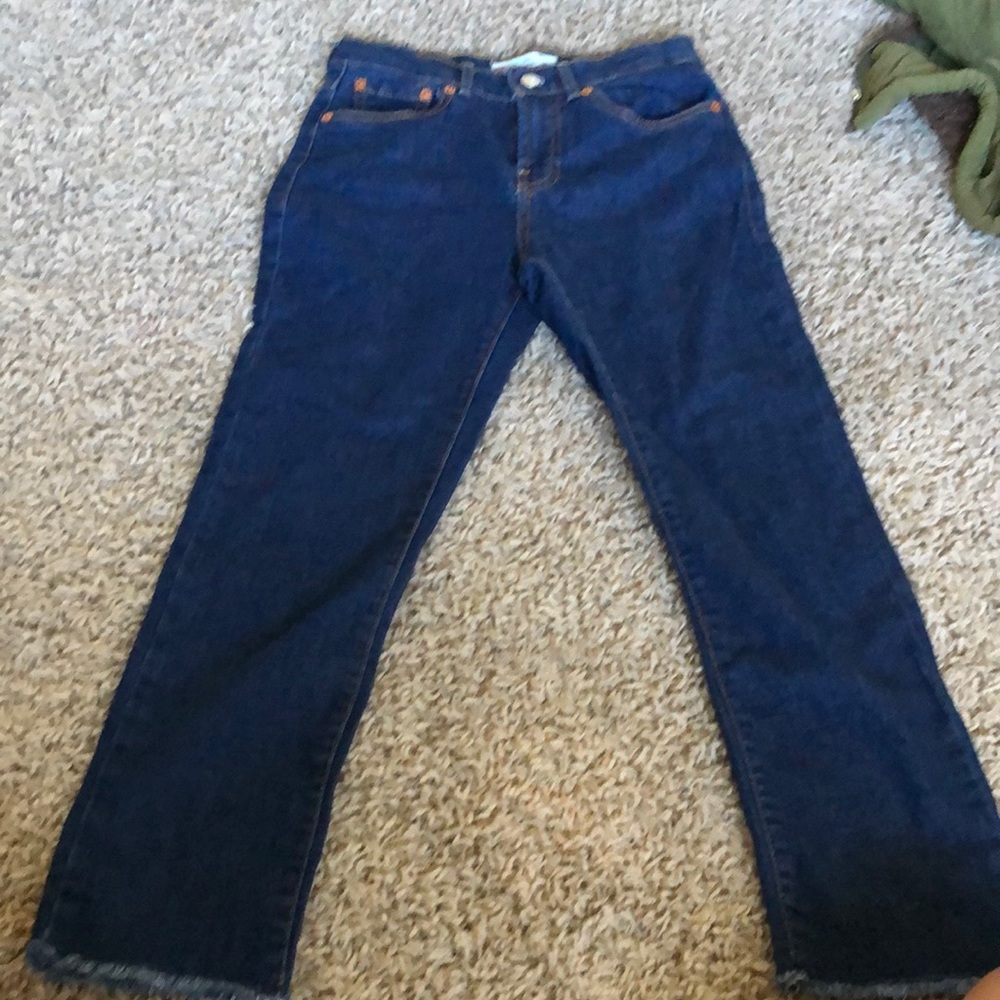 dark wash high rise straight leg fray jeans